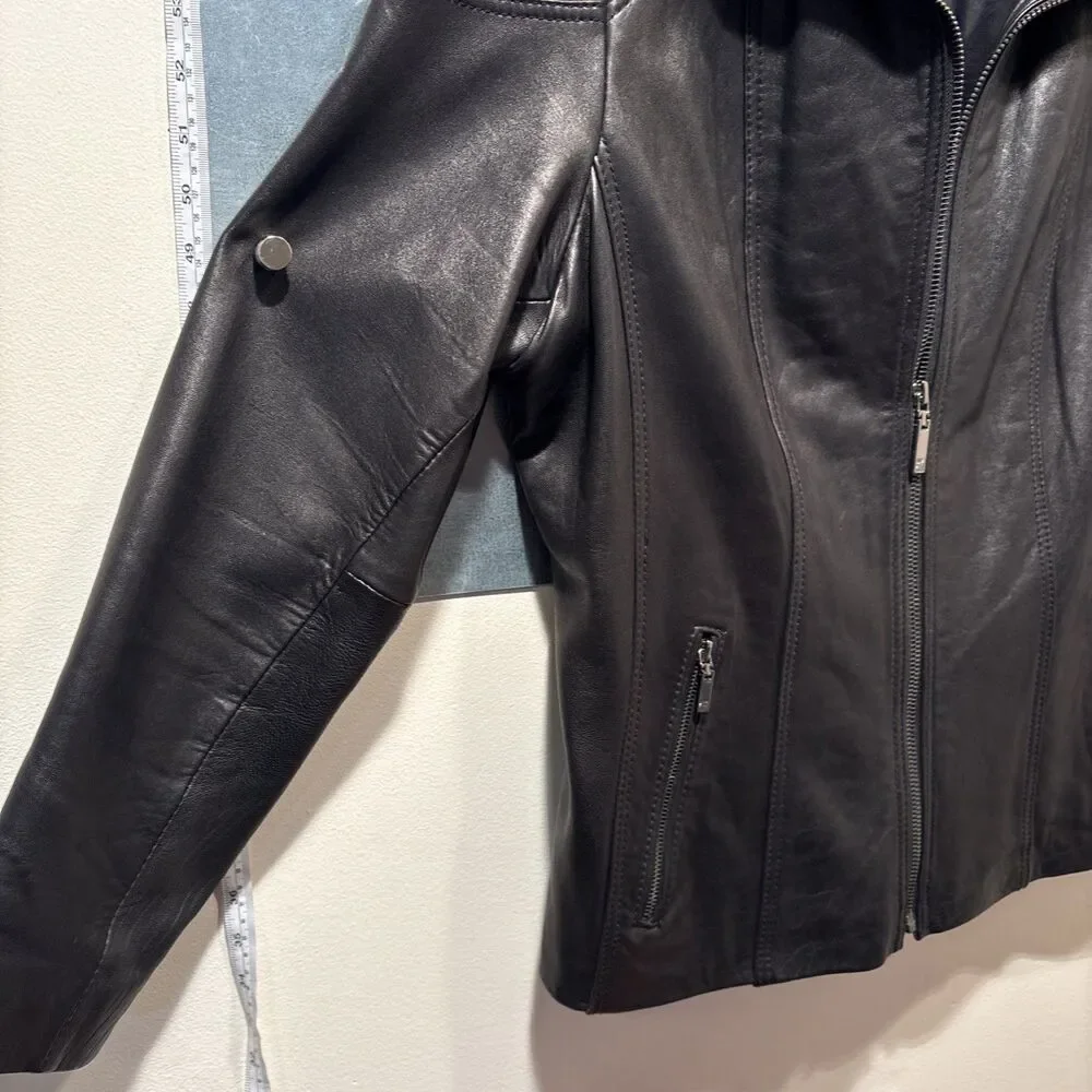 "Anne Klein Coat" Moto Jacket 2X Black 100% Leather Quilted Shoulders Full Zip - Picture 14 of 16